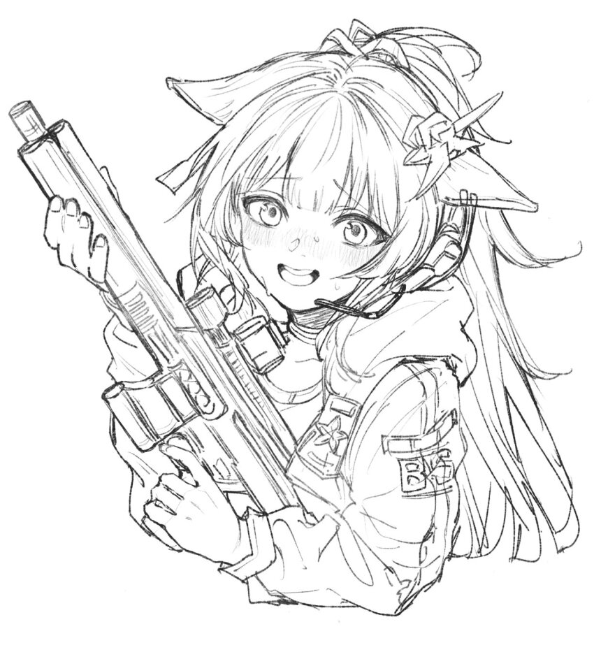1girl animal_ears arknights artist_logo blush clothes_writing commentary_request cropped_torso fingernails greyscale gun harukan_tiusu headset highres holding holding_gun holding_weapon hood hood_down hooded_jacket jacket jessica_(arknights) jessica_the_liberated_(arknights) lineart logo long_hair long_sleeves looking_at_viewer monochrome nervous nervous_smile nose_blush open_mouth shirt simple_background sketch smile solo weapon white_background
