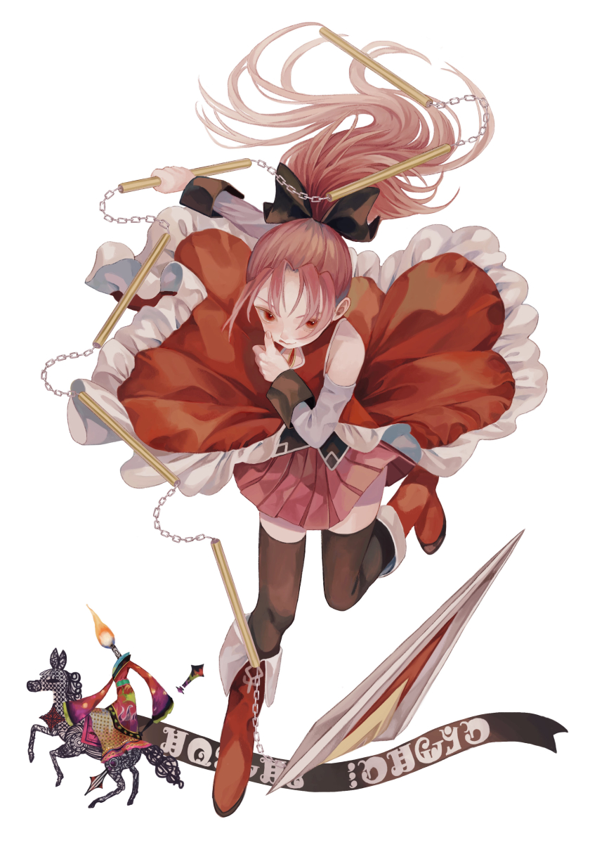1girl absurdres banner bare_shoulders black_bow black_shirt black_thighhighs black_wrist_cuffs boots bow chest_jewel cleavage_cutout clothing_cutout detached_sleeves dress dual_persona fire floating_clothes floating_hair frilled_dress frills full_body gem grey_sleeves hair_bow hand_on_own_chin highres holding holding_weapon horseback_riding juliet_sleeves knee_boots knees leg_up light_blush long_hair long_sleeves looking_at_viewer madoka_runes magical_girl mahou_shoujo_madoka_magica mahou_shoujo_madoka_magica_(anime) medium_dress miniskirt mo_sakana nunchaku ophelia_(madoka_magica) parted_bangs parted_lips pink_skirt pleated_skirt polearm ponytail puffy_sleeves red_boots red_dress red_eyes red_gemstone red_hair riding sakura_kyoko sakura_kyoko_(magical_girl) shirt shirt_under_dress simple_background skirt skirt_under_dress sleeveless sleeveless_dress sleeveless_shirt spear thighhighs very_long_hair weapon white_background witch_(madoka_magica) wrist_cuffs