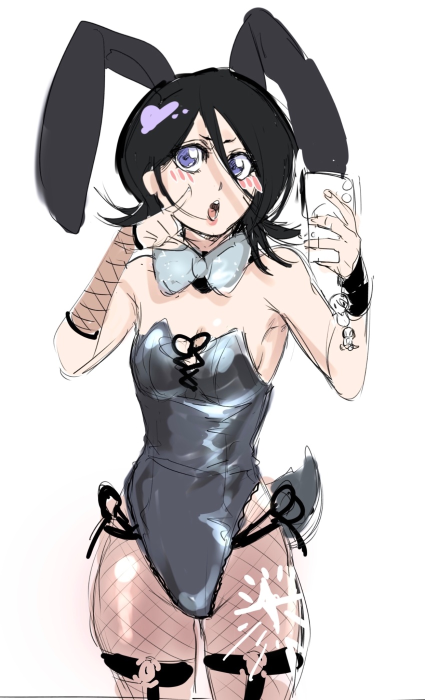 1girl ahegao animal_ears armpits artist_request black_leotard bleach blush bow bowtie breasts cellphone fake_animal_ears fake_bunny_ears fake_tail fishnet_thighhighs fishnets highres kuchiki_rukia leotard phone playboy_bunny rabbit rabbit_ears selfie small_breasts solo source_request tail thighhighs