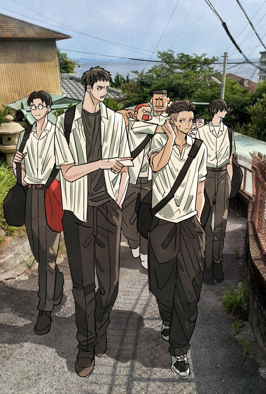 6+boys akagi_takenori anger_vein bag belt black_hair black_pants commentary_request full_body glasses hand_in_pocket highres kogure_kiminobu looking_to_the_side male_focus mitsui_hisashi miyagi_ryouta multiple_boys open_mouth orange_hair pants parted_bangs photo_background pointing rukawa_kaede sakuragi_hanamichi school_uniform shirt slam_dunk_(series) smile sweatdrop takeuchi_ryousuke talking undercut white_shirt