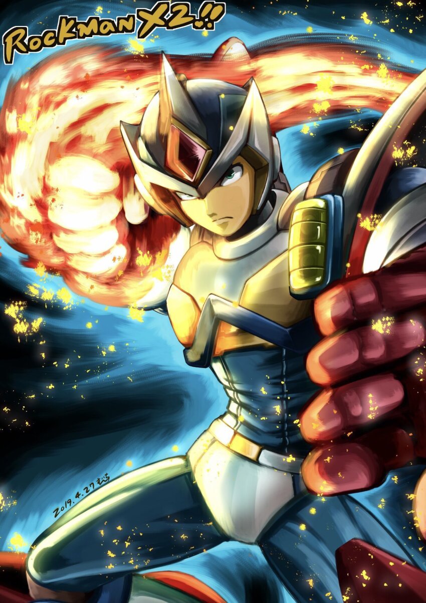 1boy agetatekoron2 armor clenched_hand copyright_name cowboy_shot flaming_hand forehead_jewel helmet highres male_focus mega_man_(series) mega_man_x2 mega_man_x_(series) second_armor_x_(mega_man) solo white_armor white_helmet x_(mega_man)