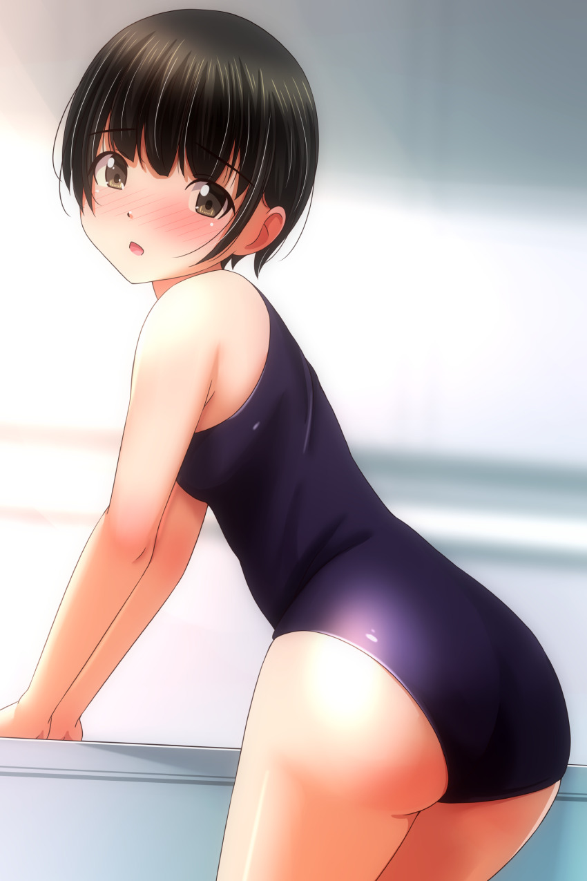 1girl absurdres ass black_hair blue_one-piece_swimsuit breasts brown_eyes cowboy_shot from_behind highres looking_at_viewer looking_back matsunaga_kouyou one-piece_swimsuit original poolside school_swimsuit short_hair small_breasts solo standing swimsuit