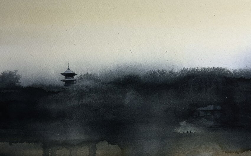 2others building day highres hill mouen_tw multiple_others no_humans original outdoors pagoda painting_(medium) scenery sky traditional_media tree watercolor_(medium) white_sky