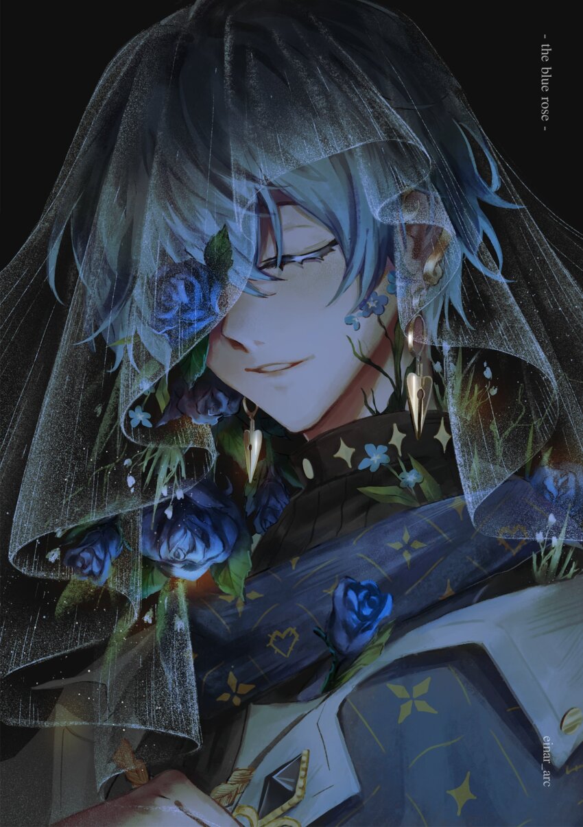 1boy absurdres black_background black_shirt blue_flower blue_hair blue_rose blue_scarf closed_eyes coat einariya english_text flower flower_over_eye gradient_hair green_hair hair_between_eyes highres ike_eveland ike_eveland_(1st_costume) male_focus multicolored_hair nijisanji nijisanji_en parted_lips rose scarf shirt simple_background smile solo upper_body veil virtual_youtuber white_coat