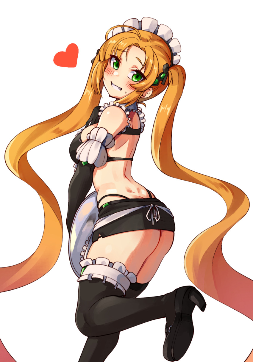 ahoge ajidot alternate_costume apron ass bikini black_gloves black_thighhighs blush butt_crack dimples_of_venus elbow_gloves enmaided frilled_apron frills from_behind gloves green_eyes grin heart highres last_origin leg_up long_hair looking_at_viewer looking_back maid maid_apron maid_bikini maid_headdress nereid_(last_origin) orange_hair simple_background smile solo sweatdrop swimsuit thighhighs tray twintails unconventional_maid very_long_hair waist_apron white_apron white_background