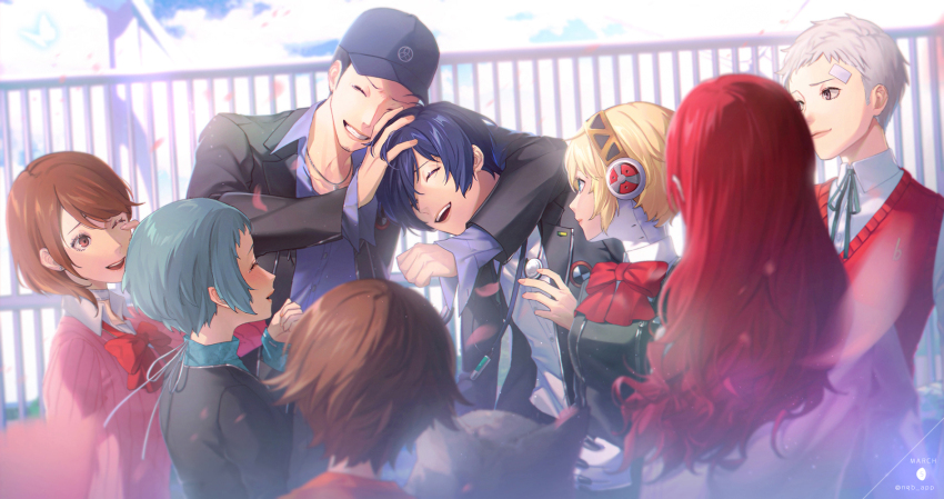 4boys 4girls aigis_(persona) amada_ken android animal aqua_hair arm_around_neck bandaid bandaid_on_face bandaid_on_forehead baseball_cap black_hair black_jacket black_ribbon blonde_hair blue_hair blue_hat blush bow bowtie brown_hair cardigan choker closed_eyes collared_shirt commentary_request dark_blue_hair digital_media_player digital_walkman dog gekkoukan_high_school_uniform grey_fur grey_hair hair_over_one_eye hand_on_another&#039;s_head happy_tears hat headphones headphones_around_neck highres iori_junpei jacket jewelry kaori kirijou_mitsuru koromaru_(persona) lips long_hair long_sleeves looking_at_another multiple_boys multiple_girls neck_ribbon necklace one_eye_closed open_clothes open_jacket open_mouth outdoors persona persona_3 persona_3_reload pink_cardigan red_bow red_bowtie red_hair red_sweater_vest ribbon robot_ears rooftop sanada_akihiko school_uniform shirt short_hair smile sweater_vest takeba_yukari tears upper_body walkman_nw-s203f white_choker white_shirt yamagishi_fuuka yuuki_makoto_(persona_3)