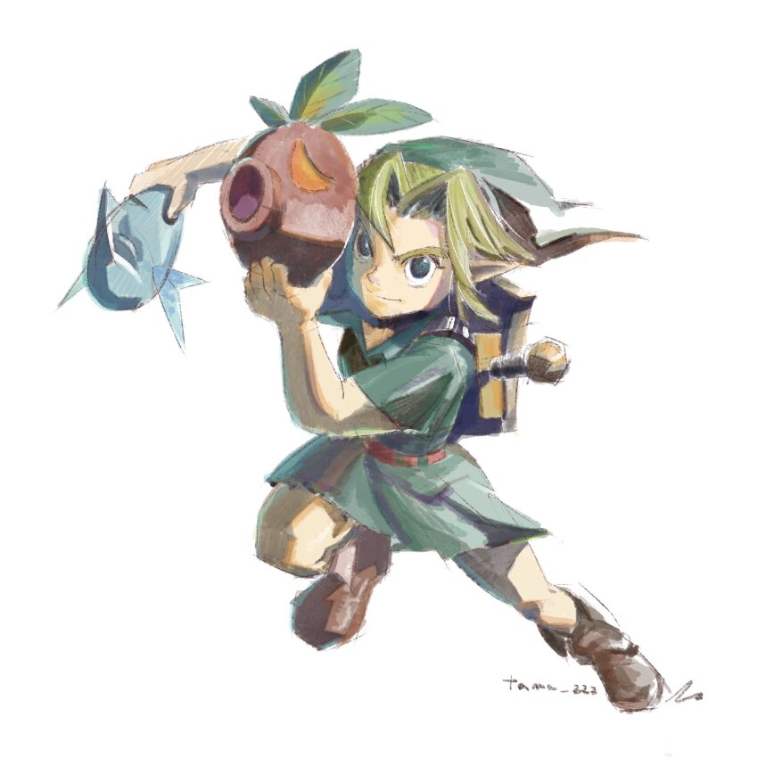 1boy blonde_hair blue_eyes blue_mask boots brown_footwear brown_mask curtained_hair deku_mask green_skirt green_tunic highres holding holding_mask knee_up link male_focus mask nintendo parted_bangs pointy_ears shield shield_on_back short_hair short_sleeves skirt smile sword sword_on_back tama_222 the_legend_of_zelda the_legend_of_zelda:_majora&#039;s_mask tunic weapon weapon_on_back white_background young_link zora zora_mask
