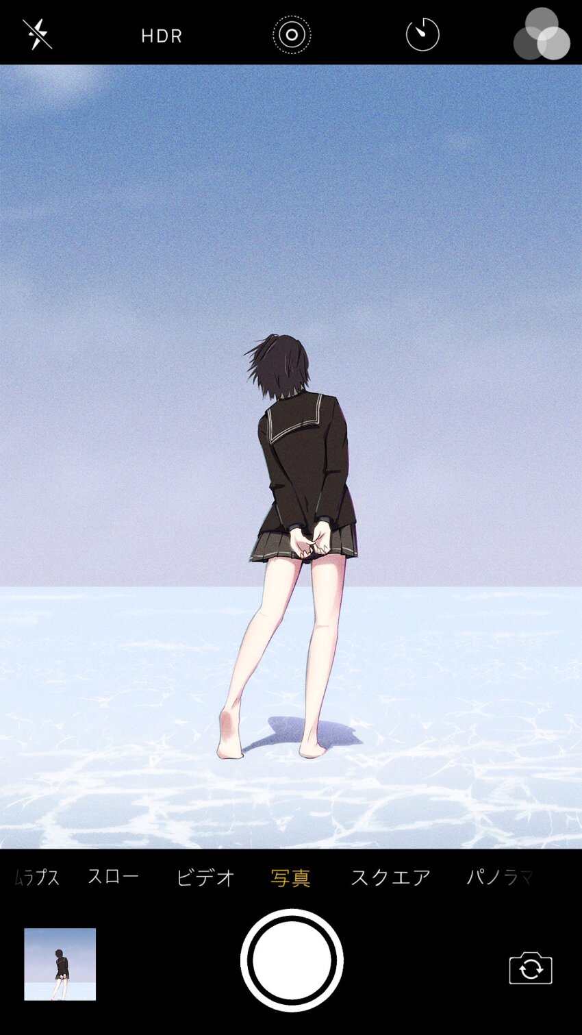 1girl amagami arms_behind_back barefoot black_hair black_jacket black_sailor_collar black_skirt blue_sky cloud facing_away fake_phone_screenshot fake_screenshot film_grain gradient_sky grey_sky heel_up highres horizon jacket kibito_high_school_uniform leaning_to_the_side long_sleeves nanasaki_ai oshizu outdoors own_hands_together pleated_skirt sailor_collar school_uniform short_hair skirt sky solo standing translated v_arms viewfinder wide_shot wind