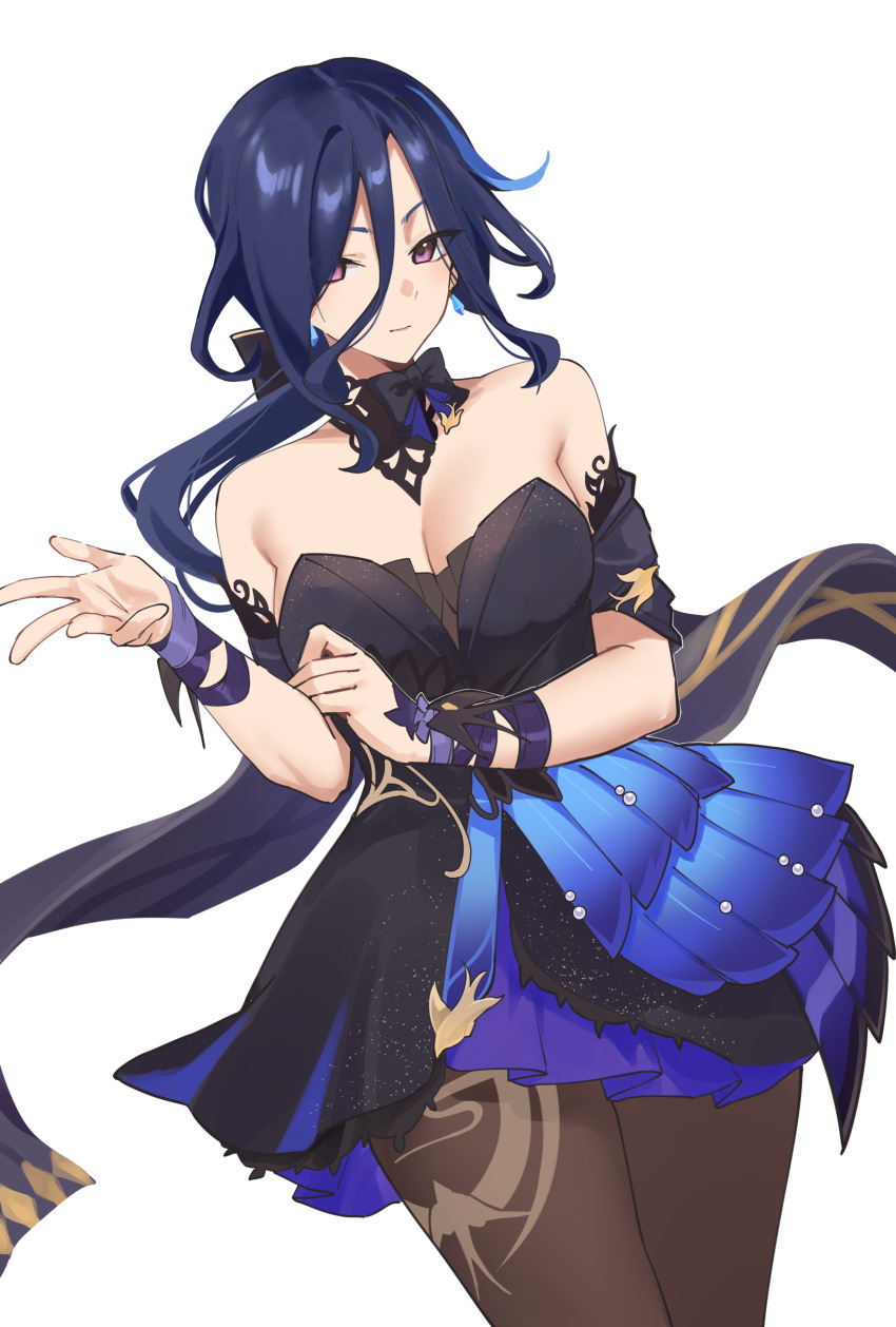 1girl absurdres bare_shoulders black_bow black_bowtie black_dress black_pantyhose black_ribbon blue_hair bow bowtie breasts cleavage clorinde_(genshin_impact) commission commissioner_upload cosplay dress genshin_impact hand_up hat highres keqing_(genshin_impact) keqing_(genshin_impact)_(cosplay) keqing_(opulent_splendor)_(genshin_impact) long_hair no_headwear non-web_source off-shoulder_dress off_shoulder pantyhose pinepin purple_eyes ribbon short_dress short_sleeves solo thighs transparent_background very_long_hair wrist_ribbon