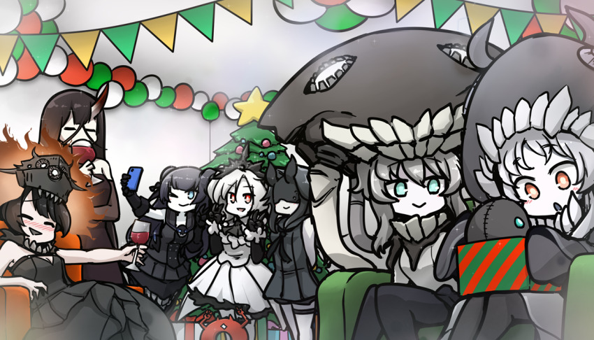 6+girls abyssal_ship alcohol battleship_water_oni black_hair box christmas christmas_tree commission couch cup demon_horns drinking drinking_glass enemy_lifebuoy_(kancolle) gift gift_box green_eyes hamu_koutarou holding holding_phone horns i-class_destroyer kantai_collection light_cruiser_oni light_cruiser_princess multiple_girls new_light_cruiser_princess new_mass-produced_aircraft_carrier_princess orange_eyes pale_skin phone pixiv_commission standard_battleship_princess stuffed_toy white_hair wine wine_glass wo-class_aircraft_carrier