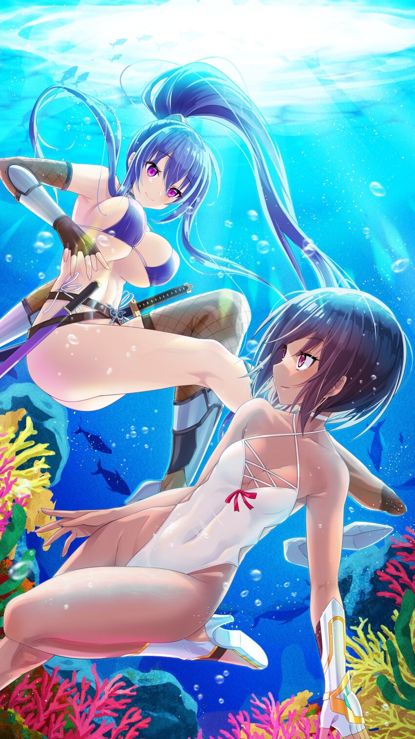 absurdres akiyama_rinko alternate_costume artist_request ass bikini breasts brown_hair cameltoe cleavage coral covered_navel curvy dark-skinned_female dark_skin day feet fingerless_gloves fingernails full_body gloves happy high_ponytail highleg highleg_swimsuit highres huge_ass katana lilith-soft long_hair mizuki_yukikaze mizuki_yukikaze_(future) nail_polish narrow_waist nature navel official_alternate_costume official_art official_wallpaper one-piece_swimsuit outdoors phone_wallpaper pink_eyes ponytail purple_bikini purple_eyes sandals shiny_skin short_hair side-tie_bikini_bottom simple_background single_glove skin_tight smile swimming swimsuit sword taimanin_(series) taimanin_rpgx taimanin_yukikaze thong thong_bikini thong_one-piece_swimsuit underwater unworn_footwear very_long_hair wallpaper water weapon wet white_background white_one-piece_swimsuit wide_hips