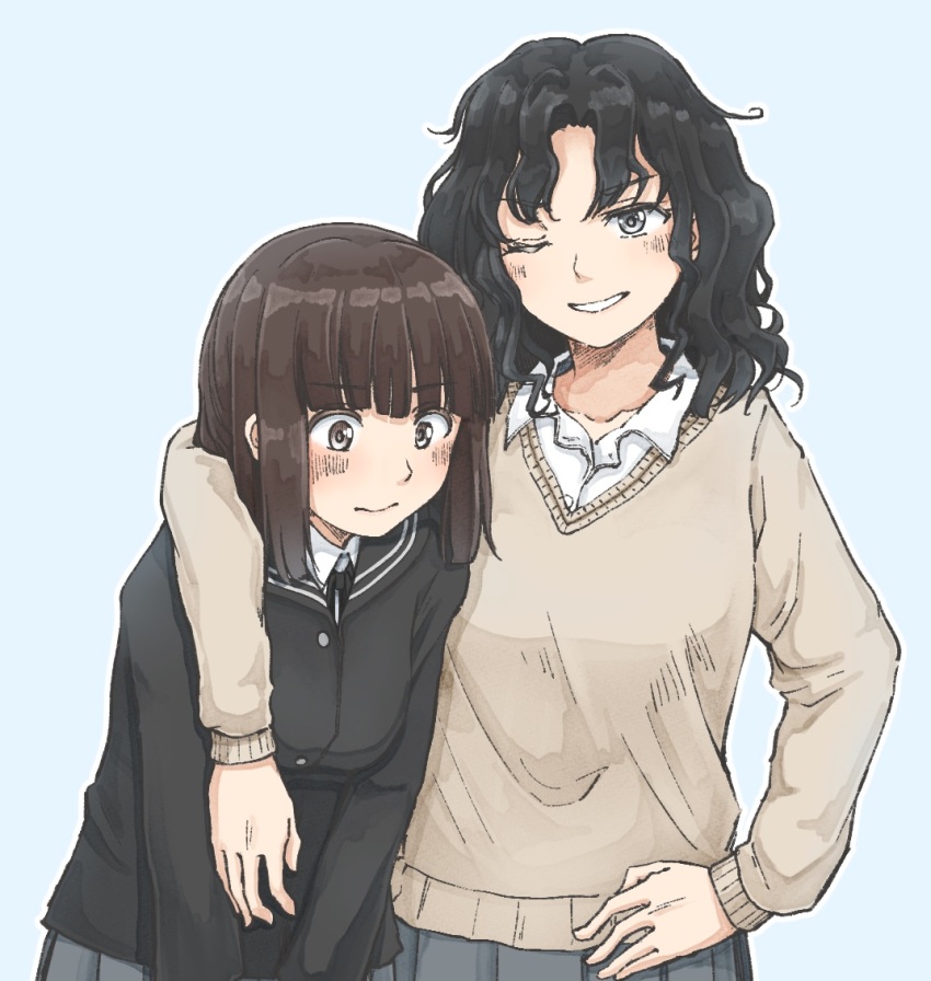 2girls amagami arm_around_shoulder black_cardigan black_eyes black_hair blue_background blunt_bangs blush brown_eyes brown_hair brown_sweater cardigan closed_mouth cowboy_shot dress_shirt grey_skirt grin hand_on_own_hip kibito_high_school_uniform medium_hair messy_hair multiple_girls one_eye_closed sansho_ss school_uniform shirt side-by-side simple_background skirt smile sweater tanaka_keiko_(amagami) tanamachi_kaoru wavy_hair white_shirt