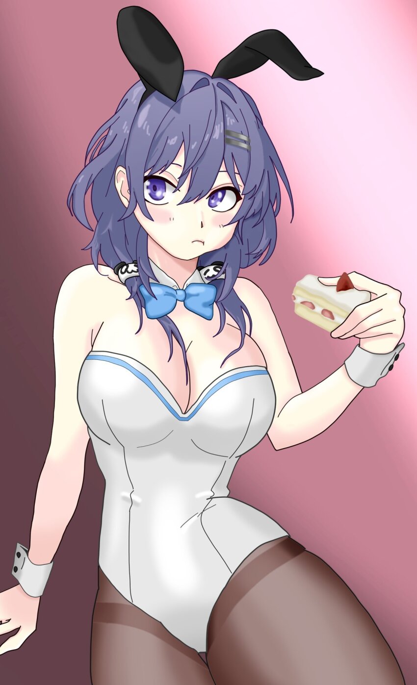 1girl animal_ear_hairband animal_ears azuracub blue_bow blue_bowtie bow bowtie breasts cake cake_slice cleavage collar detached_collar eating fake_animal_ears food fruit hair_ornament hair_over_shoulder hairband hairclip highres holding holding_cake holding_food indie_virtual_youtuber large_breasts leotard looking_back looking_to_the_side mattwilliamson9 pantyhose parallel_hairclips playboy_bunny rabbit_ear_hairband rabbit_ears solo strapless strapless_leotard strawberry strawberry_shortcake virtual_youtuber white_leotard white_wrist_cuffs wrist_cuffs
