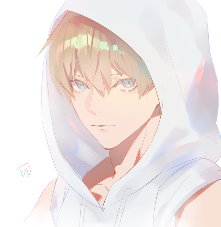 1boy adam&#039;s_apple aged_down bare_shoulders blue_eyes character_name closed_mouth commentary_request drawstring ed_(street_fighter) hair_between_eyes hood hood_up hoodie looking_at_viewer male_focus simple_background sleeveless sleeveless_hoodie solo street_fighter street_fighter_6 talgi upper_body white_background white_hoodie white_theme