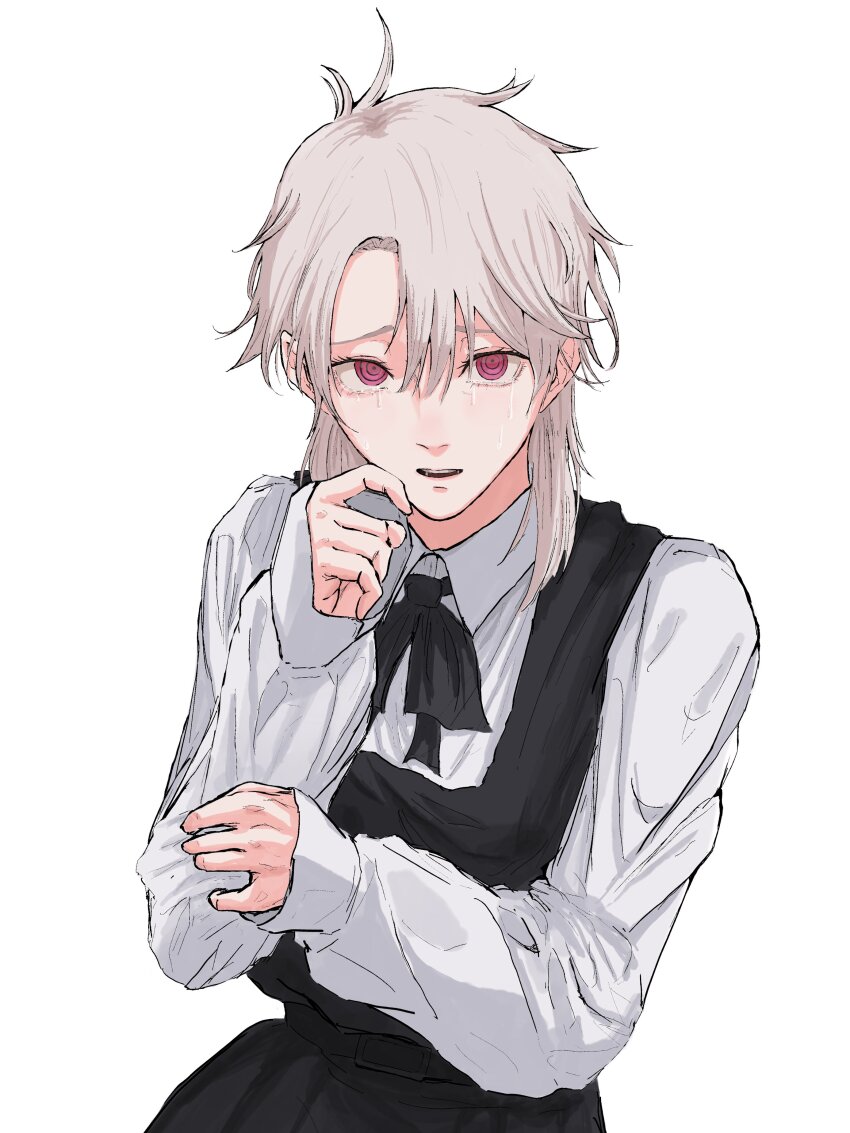 1girl absurdres black_bow black_bowtie black_dress black_ribbon bow bowtie chainsaw_man collared_shirt crying dress fami_(chainsaw_man) hair_between_eyes highres looking_at_viewer medium_hair messy_hair nabe92213 open_mouth red_eyes ribbon ringed_eyes school_uniform shirt sidelocks simple_background sleeves_past_wrists solo tears waistband white_background white_hair white_shirt