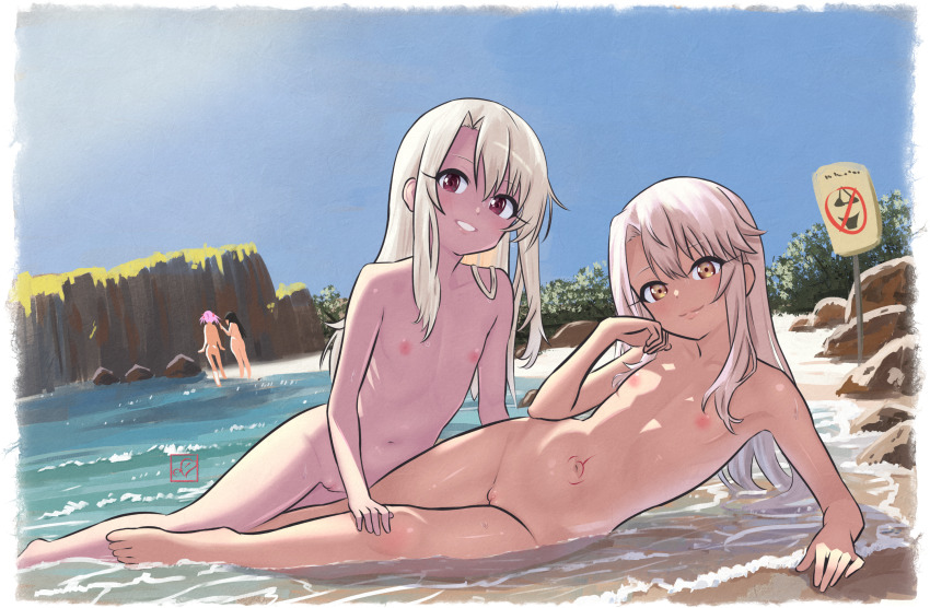 4girls barefoot beach blue_sky blush breasts brown_eyes character_request chloe_von_einzbern cleft_of_venus closed_mouth collarbone completely_nude dark-skinned_female dark_skin day elementary_(lolipope) fate/grand_order fate/kaleid_liner_prisma_illya fate_(series) flat_chest grey_hair grin hair_between_eyes highres huge_filesize illyasviel_von_einzbern loli long_hair looking_at_viewer lying multiple_girls navel nipples nude nudist_beach ocean on_side outdoors parted_lips partially_submerged pink_hair pussy red_eyes rock sidelocks sign simple_background sky small_breasts smile stomach_tattoo tattoo toes transparent_background uncensored water wet white_hair yellow_eyes