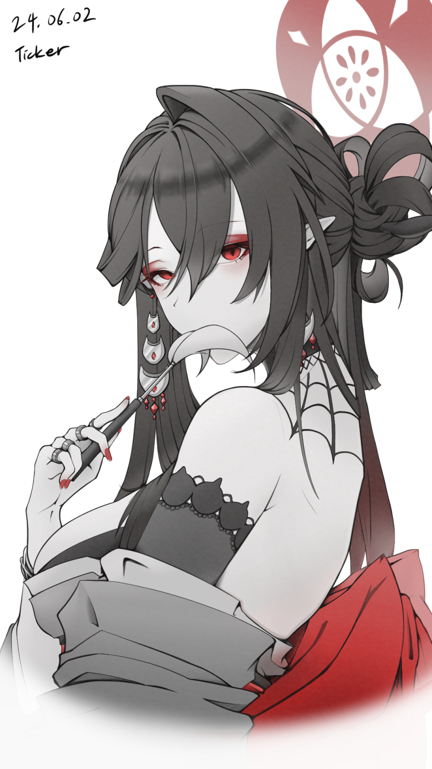1girl blue_archive breasts dated eyeliner goth_fashion grey_kimono highres japanese_clothes kimono kokuriko_(blue_archive) large_breasts makeup nail_polish red_eyeliner sash simple_background solo spider_web_pattern ticker_(kks2ksy) upper_body white_background yukata