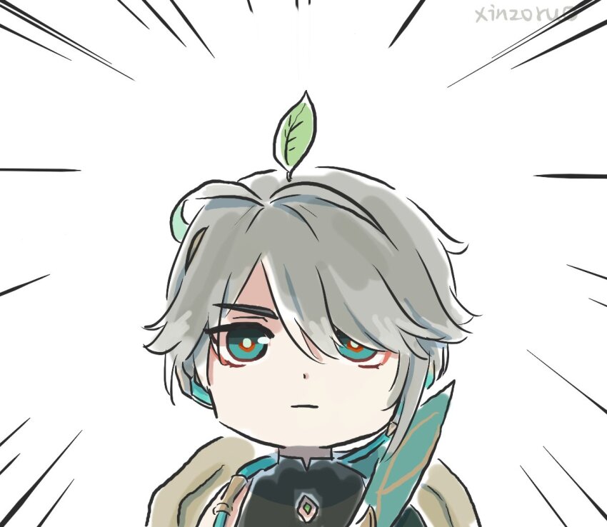 1boy alhaitham_(genshin_impact) chibi comic genshin_impact green_eyes grey_hair leaf leaf_on_head prank silent_comic simple_background solo xinzoruo