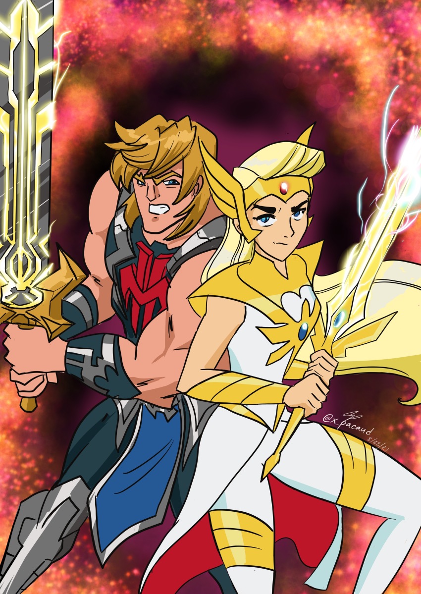 1boy 1girl absurdres blonde_hair blue_eyes crossover he-man highres holding holding_sword holding_weapon long_hair masters_of_the_universe masters_of_the_universe_2021 she-ra she-ra_and_the_princesses_of_power sword weapon