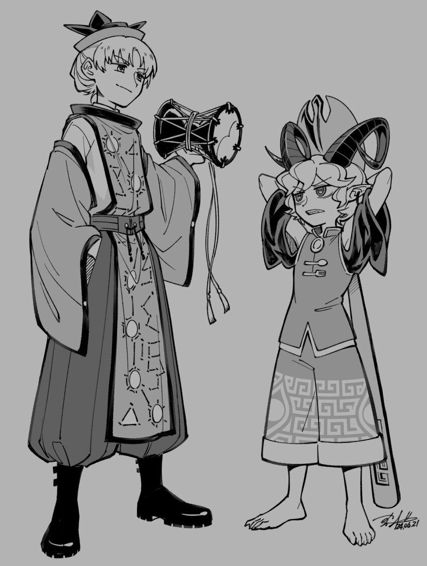 2boys annoyed barefoot boots constellation_print curly_hair detached_sleeves drum earrings genderswap genderswap_(ftm) hand_in_pants hat height_difference highres holding holding_instrument holding_spork horizontal_pupils horns instrument jewelry looking_at_another matara_okina monochrome multiple_boys oversized_object patterned_clothing pointy_ears sharp_teeth sheep_horns shikido_(khf) signature smug spork standing tabard teeth touhou toutetsu_yuuma traditional_media tsuzumi
