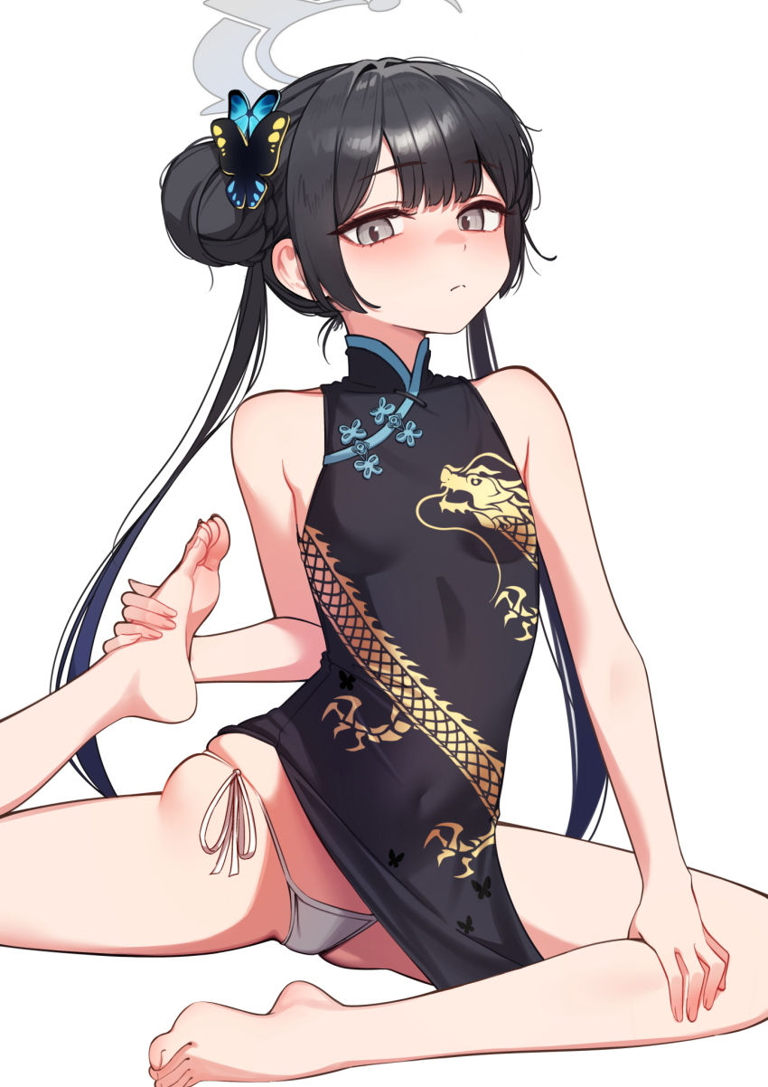 1girl barefoot black_dress black_gloves black_hair blue_archive blush braid braided_bun breasts butterfly_hair_ornament china_dress chinese_clothes double_bun dragon_print dress flexible gloves grey_eyes grey_halo hair_bun hair_ornament halo highres holding_own_foot jacket kisaki_(blue_archive) long_hair looking_at_viewer panties print_dress sgmh0519 simple_background sleeveless sleeveless_dress small_breasts solo stretching striped_clothes striped_jacket twintails underwear white_background white_panties