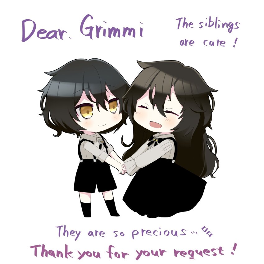 1930s_fashion 1boy 1girl black_bow black_bowtie black_hair black_shoes black_socks black_suspenders bow bowtie brother_and_sister chibi closed_eyes commentary commission english_commentary english_text eyeliner full_body gaspar_(grimmivt) grimmi_(vtuber) hair_between_eyes happy highres hm_yuuri_eri holding_hands indie_virtual_youtuber light_blush long_hair long_skirt long_sleeves makeup messy_hair pale_skin shirt shoes short_hair shorts siblings sidelocks skirt sleeves_rolled_up smile socks suspender_shorts suspender_skirt suspenders virtual_youtuber white_shirt yellow_eyes