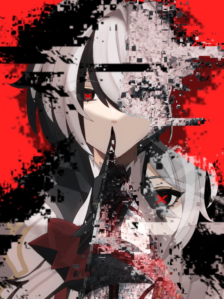 1girl arlecchino_(genshin_impact) black_eyes black_hands coat colored_extremities fune_saan fur-trimmed_coat fur_trim genshin_impact glitch highres medium_hair multicolored_hair red_background streaked_hair symbol-shaped_pupils white_hair x-shaped_pupils x_x