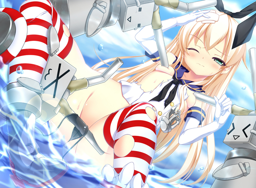 &gt;_&lt; 10s 1girl :3 =_= alternate_eye_color anchor aqua_eyes black_panties blonde_hair blush breasts closed_eyes colorized elbow_gloves female_focus gloves hairband kantai_collection lifebuoy long_hair noumin one_eye_closed panties partially_submerged personification rensouhou-chan shimakaze_(kancolle) side-tie_panties small_breasts solo striped_clothes striped_thighhighs swim_ring thighhighs torn_clothes torn_thighhighs toron_(mino106) underwear untied water white_gloves wince x3