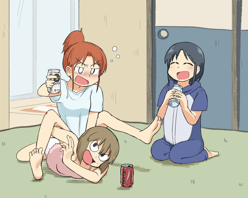 3girls alcohol arawi_keiichi_(style) ayumu_niikura barefoot black_eyes black_hair blonde_hair blue_pajamas blush brown_hair can city_(arawi_keiichi) closed_eyes door drunk hand_on_another&#039;s_back highres holding holding_can indoors izumi_wako medium_hair multiple_girls nagumo_midori official_style open_mouth pajamas pink_shirt ponytail readybug rug shirt short_hair short_ponytail shorts sidelocks sitting smile wariza white_eyes white_shirt white_shorts
