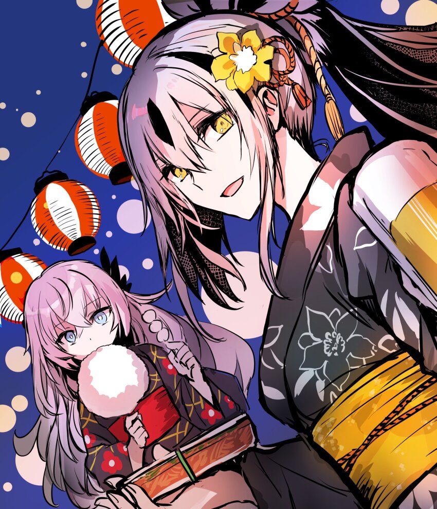 2girls alcohol beer black_hair black_kimono blue_eyes breasts cotton_candy cup eating fate/grand_order fate_(series) feather_hair_ornament feathers flower food hair_between_eyes hair_flower hair_ornament high_ponytail highres holding holding_cotton_candy holding_food japanese_clothes kimono long_hair long_sleeves looking_at_viewer medium_breasts mug multicolored_hair multiple_girls nagao_kagetora_(fate) obi open_mouth ponytail rioka_(southern_blue_sky) saika_magoichi_(fate) sash sidelocks small_breasts smile two-tone_hair uesugi_kenshin_(fate) very_long_hair white_hair wide_sleeves yellow_eyes