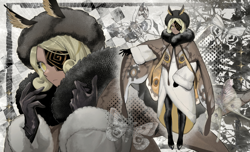 1girl @_@ alternate_costume bare_tree black_gloves black_hat black_pantyhose blonde_hair brown_capelet bug butterfly capelet closed_mouth commentary cookie_run cookie_run:_ovenbreak curly_sidelocks dark-skinned_female dark_skin dress expressionless eyepatch frown full_body fur-trimmed_capelet fur-trimmed_dress fur-trimmed_sleeves fur_hat fur_trim gloves grey_background grey_shoes halftone halftone_background hands_up hat highres hjoe8 humanization insect inset_border long_sleeves looking_at_viewer multiple_views no_eyebrows official_alternate_hair_length official_alternate_hairstyle outstretched_arm pantyhose parted_bangs shoes short_hair simple_background standing timekeeper_cookie timekeeper_cookie_(ruler_of_the_ephemeral_flow) tree two-sided_dress two-sided_fabric upper_body white_dress wide_sleeves yellow_eyes