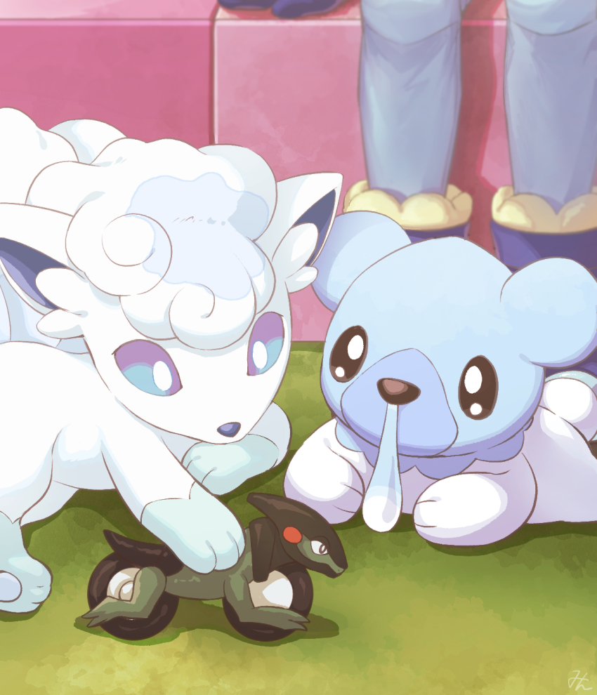 1boy alolan_form alolan_vulpix blue_footwear boots character_doll commentary_request couch cubchoo cyclizar doll gen_5_pokemon gen_7_pokemon grusha_(pokemon) highres holding holding_doll indoors male_focus min_(myna8247) mittens nintendo pants pokemon pokemon_(creature) pokemon_sv signature sitting