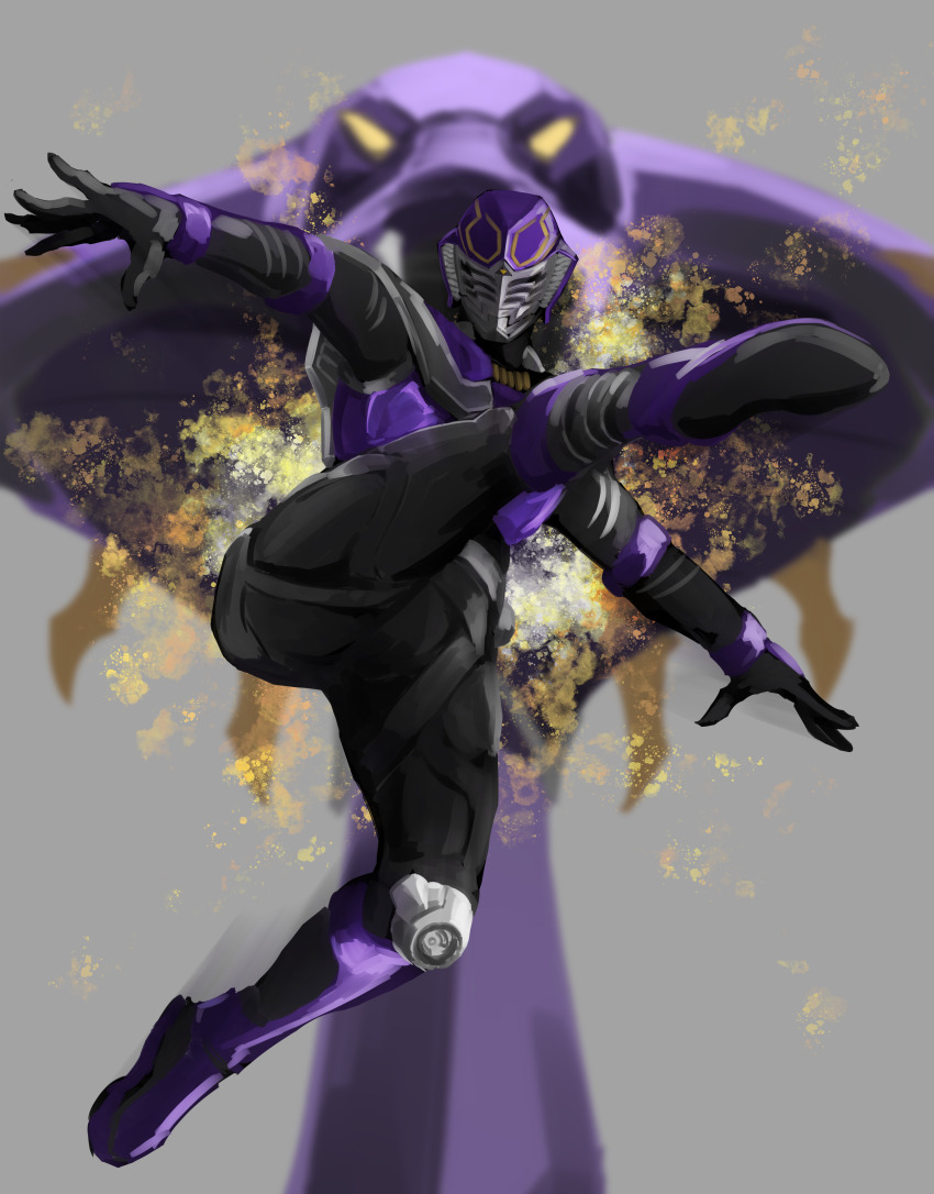 1boy absurdres armor belt bodysuit cobra_(animal) contract_monster finishing_move heisei highres kamen_rider kamen_rider_ouja kamen_rider_ryuki_(series) kintsuba_(kintsuba_08) male_focus purple_armor red_eyes rider_kick snake tokusatsu tongue v_buckle venosnaker
