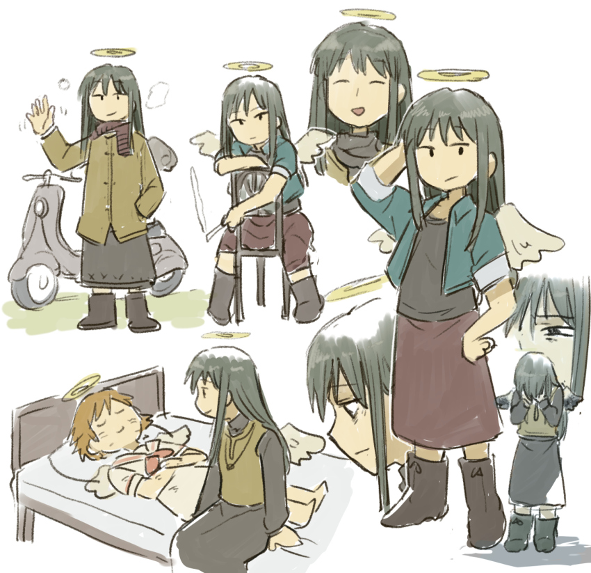 2girls angel black_hair black_shirt boots brown_hair cigarette closed_eyes closed_mouth dress haibane_renmei halo highres holding holding_cigarette jacket long_hair long_sleeves looking_at_viewer lying motor_vehicle multiple_girls on_back on_bed open_mouth pillow rakka_(haibane) reki_(haibane) sailor_collar scooter shirt short_sleeves sidelocks sitting skirt smile standing tsubobot waving white_dress wings