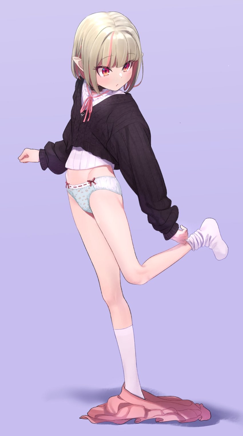 1girl black_collar black_sweater blouse blush bow bow_panties clothes_pull collar commentary crop_top frilled_collar frills full_body grey_hair highres hip_bones kneehighs kneehighs_pull makaino_ririmu multicolored_hair navel neck_ribbon nijisanji no_pants panties pink_hair pink_ribbon pink_skirt pointy_ears print_panties purple_background red_eyes ribbon sabamen shirt short_hair simple_background skirt skirt_around_ankles skirt_pull socks solo standing standing_on_one_leg streaked_hair sweater two-tone_hair underwear undressing virtual_youtuber white_socks white_shirt