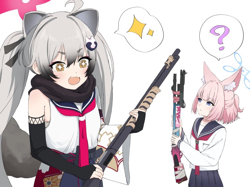 +_+ 2girls :/ :3 :d ? absurdres ahoge animal_ear_fluff animal_ears black_gloves black_sailor_collar black_skirt blue_archive blue_eyes blue_halo blunt_bangs blush brown_eyes closed_mouth commentary_request cowboy_shot excited extra_ears fang fingerless_gloves fox_ears fox_girl frown gloves grey_hair gun half_updo halo highres holding holding_gun holding_weapon long_hair long_sleeves medium_hair michiru_(blue_archive) multiple_girls neckerchief niko_(blue_archive) open_mouth pink_hair pink_halo pleated_skirt ponytail raccoon_ears raccoon_girl raccoon_tail red_neckerchief sailor_collar sailor_shirt school_uniform serafuku shirt short_ponytail simple_background single_bare_shoulder skirt sleeveless sleeveless_shirt smile sparkle speech_bubble spoken_question_mark spoken_sparkle sueoki_makura tail thick_eyebrows twintails v-shaped_eyebrows very_long_hair weapon weapon_switch white_background white_shirt wide_sleeves
