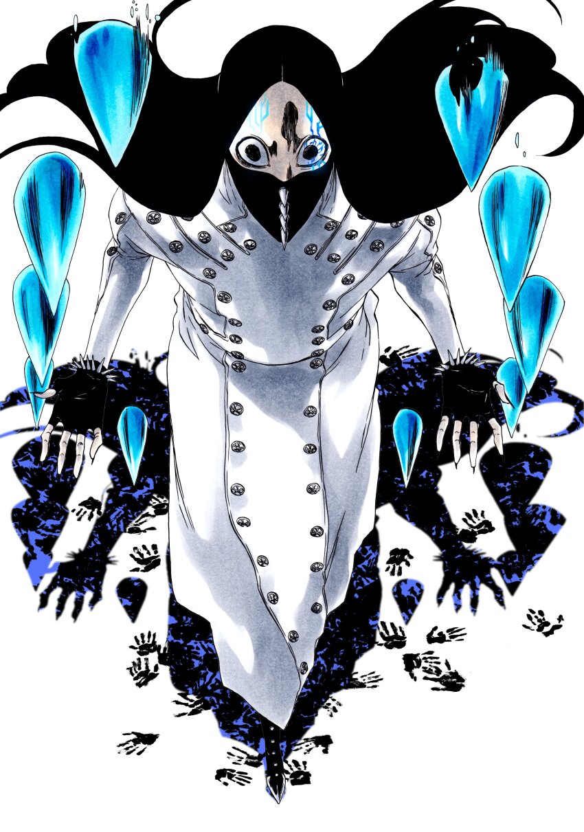 1boy absurdres androgynous as_nodt black_eyes black_footwear black_gloves black_hair bleach bleach:_sennen_kessen-hen buttons double-breasted fighting_stance fingerless_gloves fingernails floating_hair full_body gloves handprint highres ken&#039;ichi_(ken1ro_u) long_hair long_sleeves looking_at_viewer male_focus mask mouth_mask pale_skin quincy_(bleach) shadow sharp_fingernails spiked_gloves spikes sternritter wandenreich_uniform white_background white_uniform