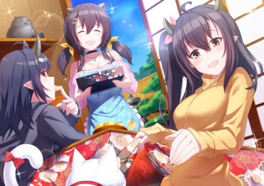 3girls ^_^ abukuma_(azur_lane) ahoge apron asane_ken azur_lane beckoning black_hair black_shirt bow brown_eyes cat choker closed_eyes collarbone earrings eating food fruit hair_between_eyes hair_ornament hairclip highres horns isuzu_(azur_lane) jewelry kotatsu long_hair long_sleeves looking_at_viewer mandarin_orange multiple_girls nagara_(azur_lane) necklace one_side_up open_mouth pink_shirt pointy_ears red_eyes shirt sleeves_past_wrists sparkle table tail tail_bow tail_ornament twintails white_cat yellow_shirt