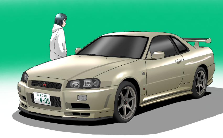 1girl car closed_mouth commentary_request gradient_hair green_hair hand_in_pocket highres hood hood_down hoodie long_sleeves looking_at_viewer love_live! love_live!_nijigasaki_high_school_idol_club mifune_shioriko motor_vehicle multicolored_hair nissan nissan_skyline nissan_skyline_gt-r nissan_skyline_r34 shadow solo spoiler_(automobile) standing upper_body vehicle_focus white_hoodie yohakichi