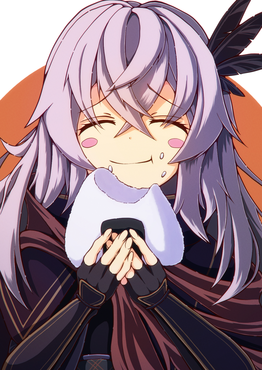 1girl blush_stickers closed_eyes eating fate/grand_order fate_(series) feather_hair_ornament feathers fingerless_gloves food food_on_face gloves grey_hair hair_ornament highres long_hair onigiri peisuto rice rice_on_face saika_magoichi_(fate)