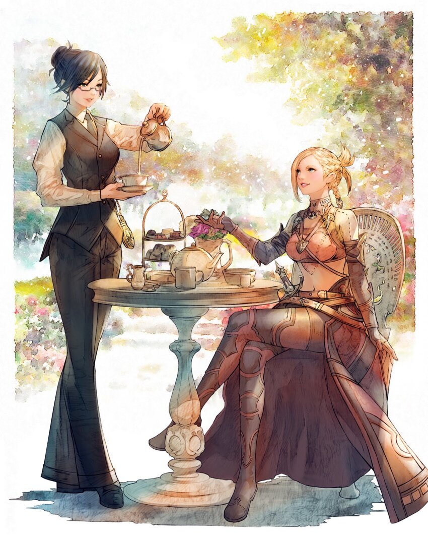 2girls arm_guards belt black_footwear black_hair black_necktie black_pants black_vest blonde_hair blue_eyes boots border braid brown_gloves buttons chair commentary cropped_jacket crossed_legs cup drink eye_contact final_fantasy final_fantasy_xiv flower from_side full_body glasses gloves grey_eyes hair_bun highres holding holding_cup hyur jacket looking_at_another midriff minfilia_warde mug multiple_braids multiple_girls navel necktie on_chair outdoors pants pink_jacket pouring semi-rimless_eyewear shirt short_hair shukei single_hair_bun sitting smile standing swept_bangs symbol-only_commentary table tea tea_set teacup teapot thigh_boots tiered_tray under-rim_eyewear uniform vest warrior_of_light_(ff14) watercolor_effect white_border white_shirt