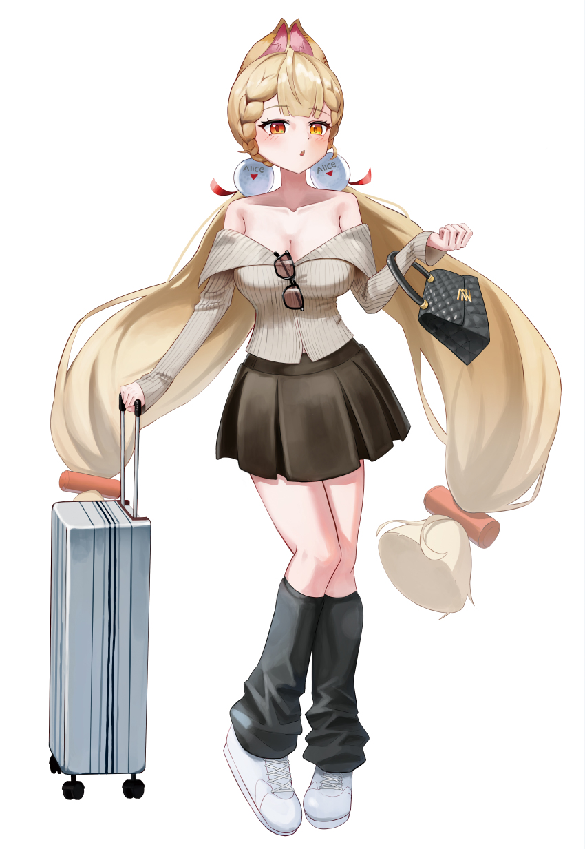 1girl absurdres alice_thymefield alternate_costume animal_ears bag black_bag black_leg_warmers blonde_hair blush breasts brown_skirt cleavage gang_ryeol grey_shirt hair_ornament handbag highres holding holding_suitcase large_breasts leg_warmers long_hair looking_at_viewer low_twintails open_mouth rabbit_ears rabbit_girl red_eyes shirt shoes skirt solo sphere_hair_ornament suitcase twintails very_long_hair white_background white_shoes yellow_eyes zenless_zone_zero