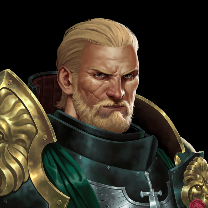 absurdres adrian4rt armor beard black_background blonde_hair blue_eyes cape dark_angels facial_hair gold_armor green_armor hair_slicked_back highres imperium_of_man lion lion_el&#039;jonson male_focus power_armor primarch scar semi_realisim simple_background warhammer_40k