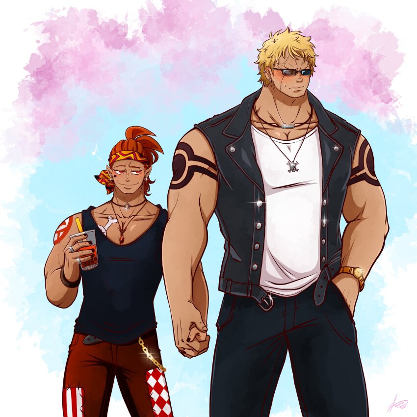 2boys absurdres arm_tattoo averting_eyes bakushou_(samayajonna) bara bellamy_(one_piece) blonde_hair couple dark-skinned_male dark_skin headband height_difference highres holding_hands hyena_(samayajonna) large_pectorals male_focus multiple_boys muscular muscular_male nipples oc_x_canon one_piece original pants pectoral_cleavage pectorals red_eyes short_hair shy sleeveless smug solo_focus sunglasses tattoo upper_body yaoi