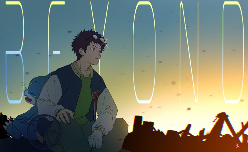 2boys blue_jacket brown_hair closed_eyes copyright_name digimon digimon_adventure_-beyond- eyewear_on_head green_shirt highres jacket limit_deji male_focus motomiya_daisuke multiple_boys shirt short_hair sleeping solo_focus sunset v-mon