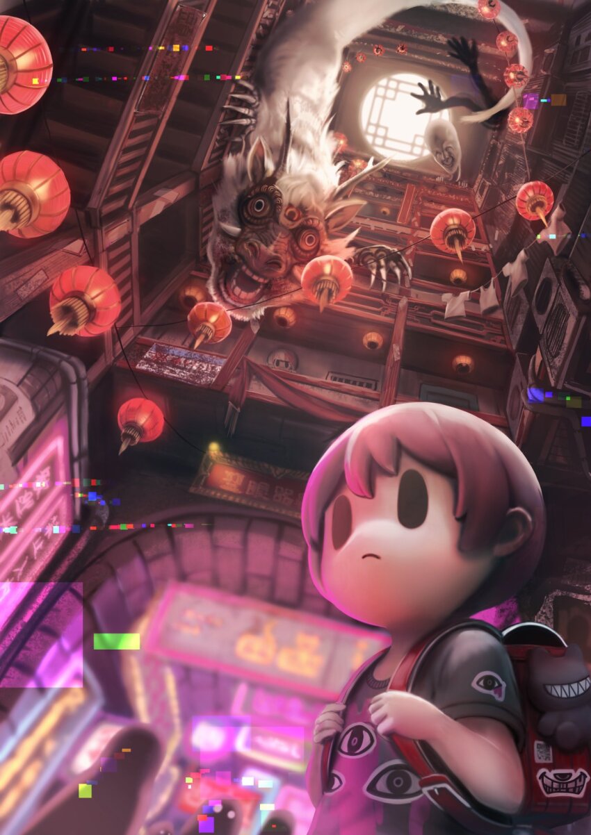 1boy backpack bag bag_charm bilingual_commentary black_eyes black_shirt brown_hair charm_(object) claws closed_mouth clothesline dragon eastern_dragon floating from_below ghost glitch highres horns indoors lantern looking_down looking_up male_focus mixed-language_commentary nekoita neon_lights open_mouth original paper_lantern randoseru red_bag shirt short_hair silhouette skylight solid_oval_eyes stairs sticker