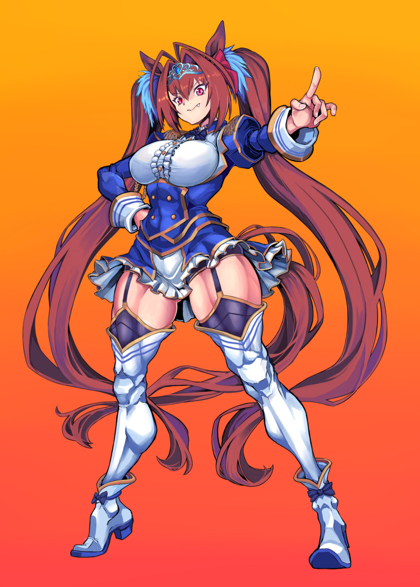 1girl aiguillette animal_ears ankle_boots antenna_hair black_thighhighs blue_bow blue_bowtie blue_jacket blue_skirt boots bow bowtie breasts brown_hair buttons center_frills closed_mouth commentary_request daiwa_scarlet_(umamusume) double-breasted epaulettes fang framed_breasts frilled_shirt frills full_body garter_straps gradient_background hair_intakes highres horse_ears horse_girl index_finger_raised jacket juliet_sleeves large_breasts layered_skirt long_hair long_sleeves miniskirt overskirt pleated_skirt pointing puffy_sleeves red_eyes shirt skirt smile solo take_nii thighhighs tiara twintails umamusume underbust very_long_hair white_boots white_shirt white_skirt white_thighhighs