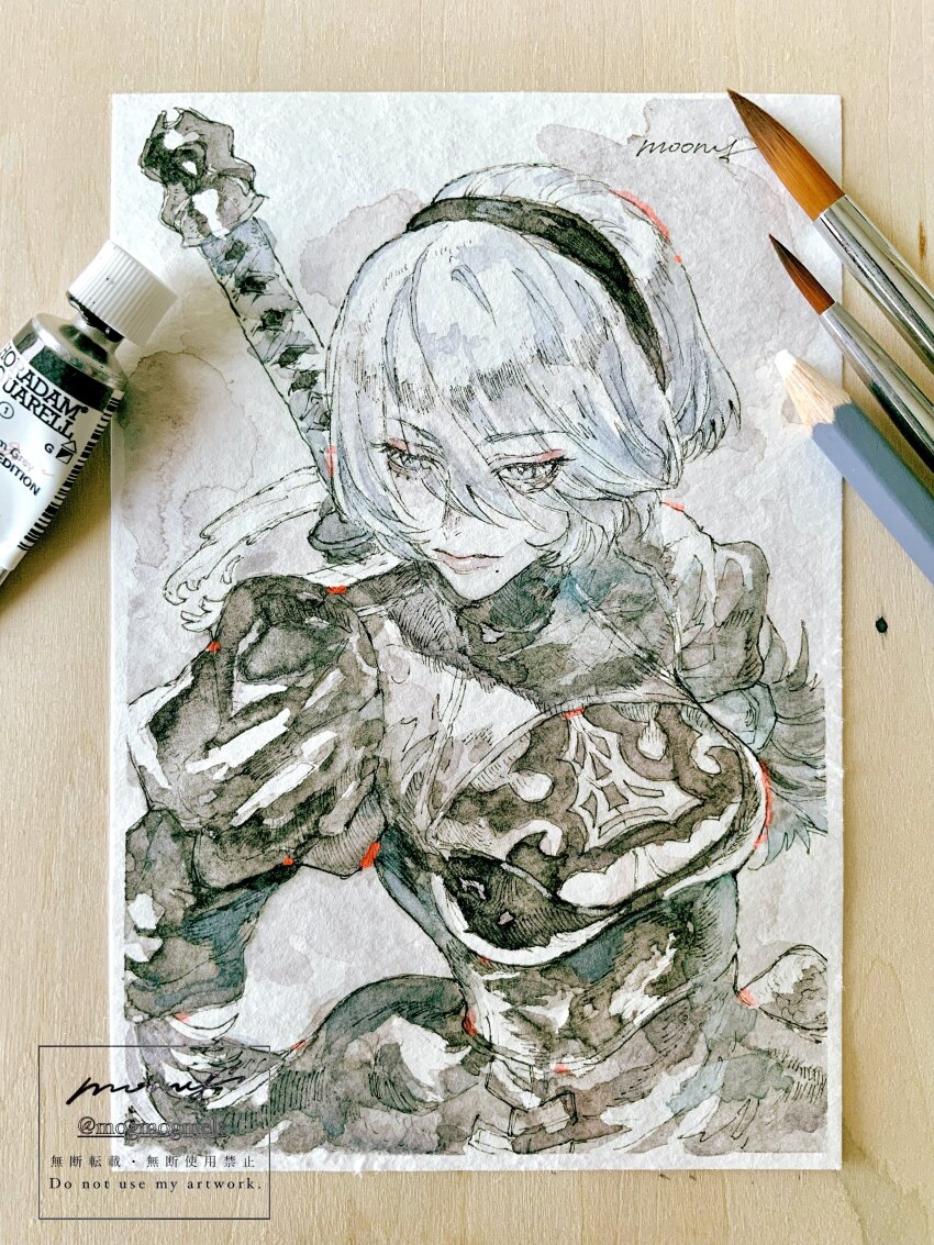 1girl 2b_(nier:automata) absurdres art_tools_in_frame black_dress black_hairband breasts cleavage cleavage_cutout closed_mouth clothing_cutout commentary dress eyelashes hairband highres limited_palette moony_(mogmogmelt) nier:automata nier_(series) photo_(medium) pink_lips short_hair signature small_breasts solo sword sword_on_back traditional_media watermark weapon weapon_on_back