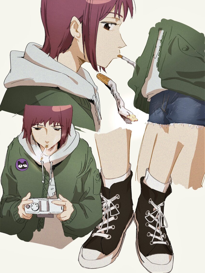 alternate_costume camera cigarette converse flcl green_jacket highres holding holding_camera hood hoodie jacket pink_punk_ponk red_hair samejima_mamimi shorts simple_background smoking white_background white_hoodie
