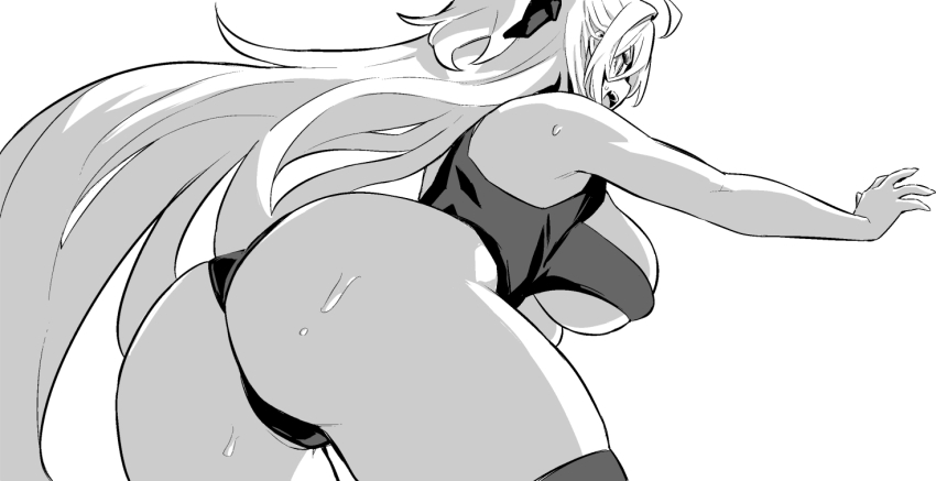 1girl ass azur_lane azur_lane:_slow_ahead black_bow bow breasts from_behind greyscale hair_bow hakuhou_(azur_lane) hakuhou_(floral_ninja_roleplay)_(azur_lane) hori_(hori_no_su) huge_breasts leotard long_hair monochrome ninja official_art open_mouth simple_background solo underboob very_long_hair white_background